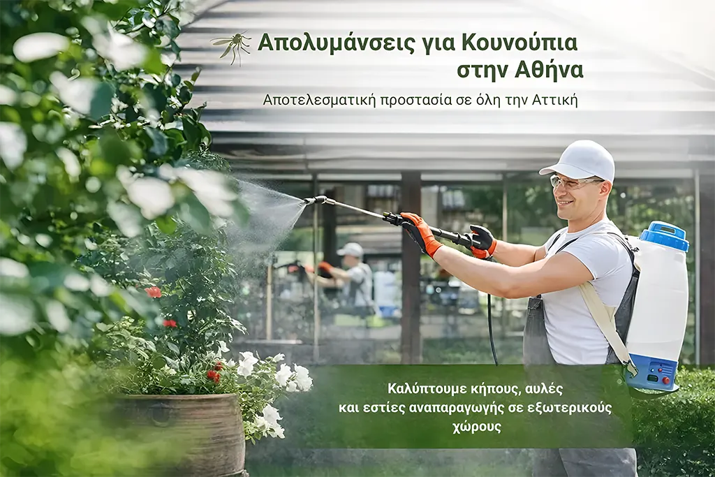 Εφαρμογή απολύμανσης για κουνούπια σε κήπο κατοικίας στην Αθήνα